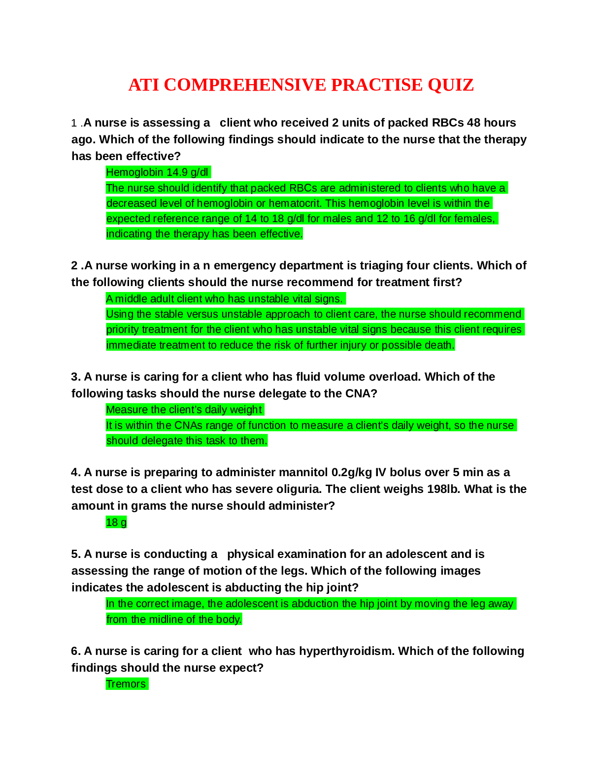 Preview image for ATI COMPREHENSIVE PRACTISE QUIZ